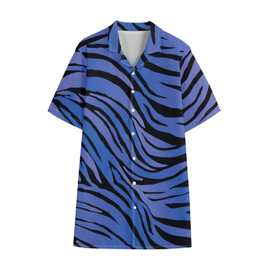 Black Blue Zebra Pattern Print Cotton Hawaiian Shirt