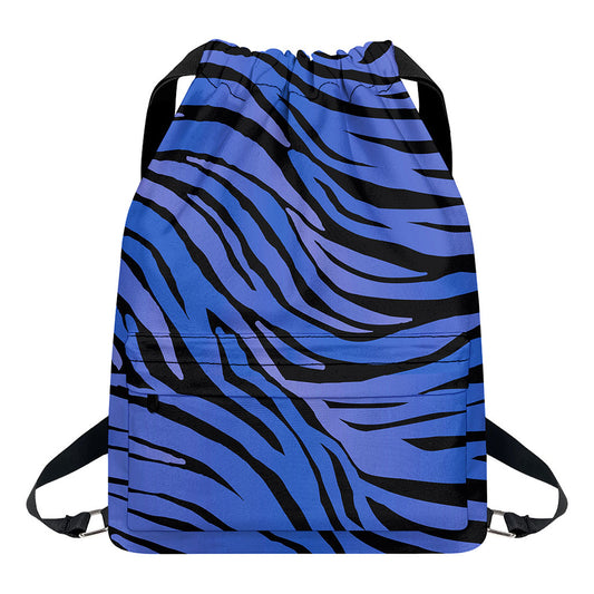Black Blue Zebra Pattern Print Drawstring Backpack