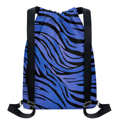 Black Blue Zebra Pattern Print Drawstring Backpack