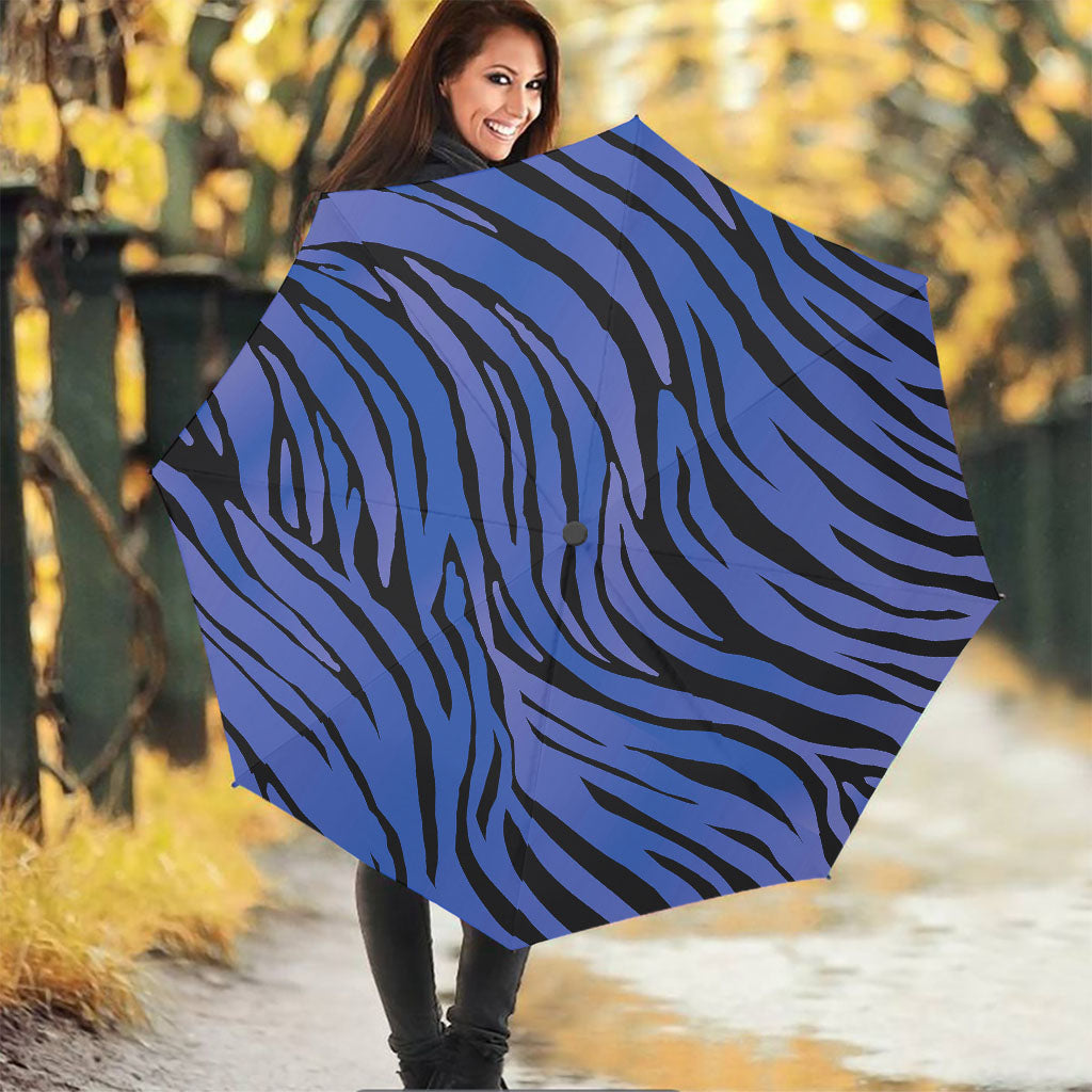 Black Blue Zebra Pattern Print Foldable Umbrella