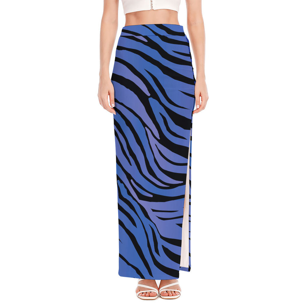 Black Blue Zebra Pattern Print High Slit Maxi Skirt