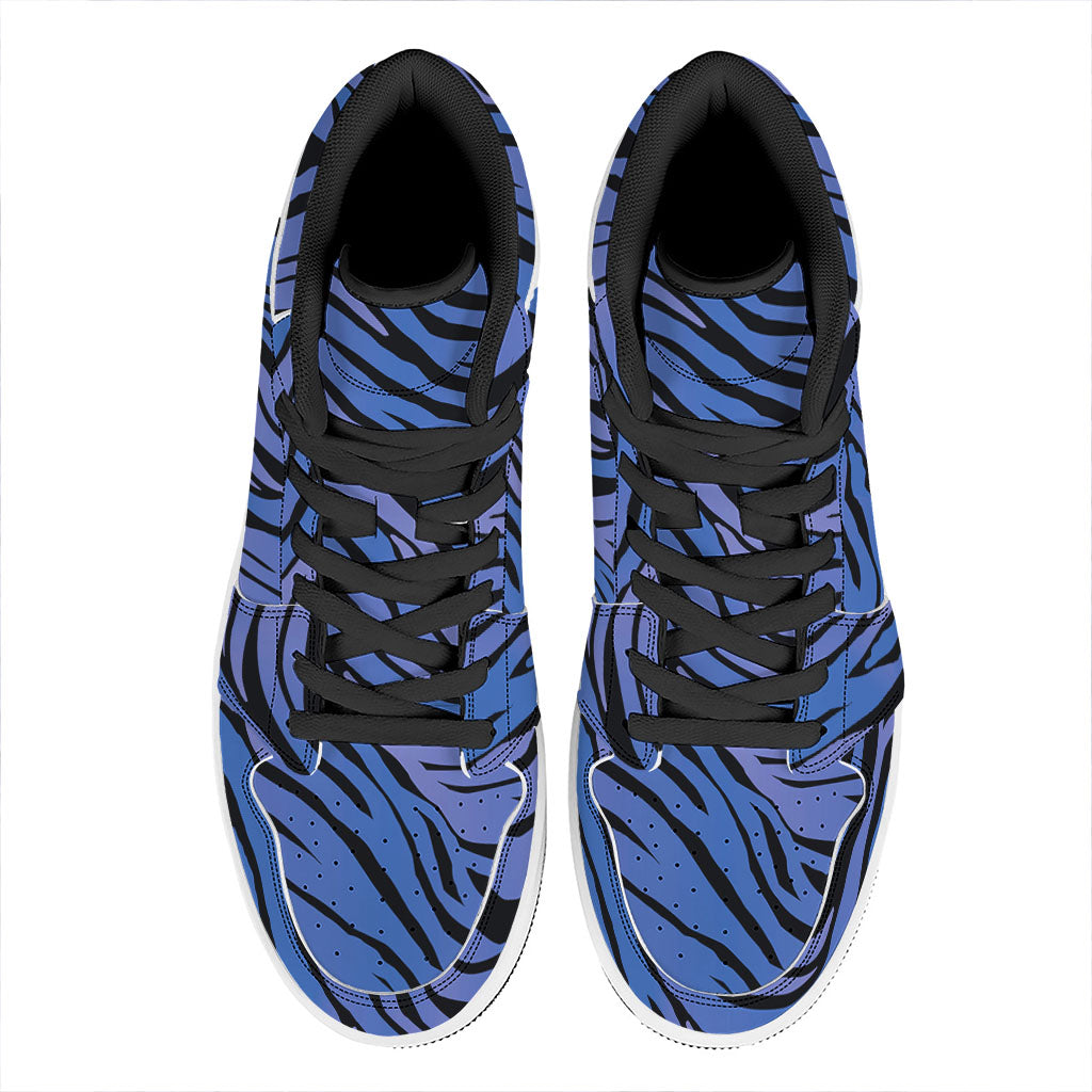 Black Blue Zebra Pattern Print High Top Leather Sneakers