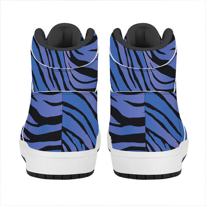 Black Blue Zebra Pattern Print High Top Leather Sneakers