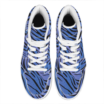 Black Blue Zebra Pattern Print High Top Leather Sneakers