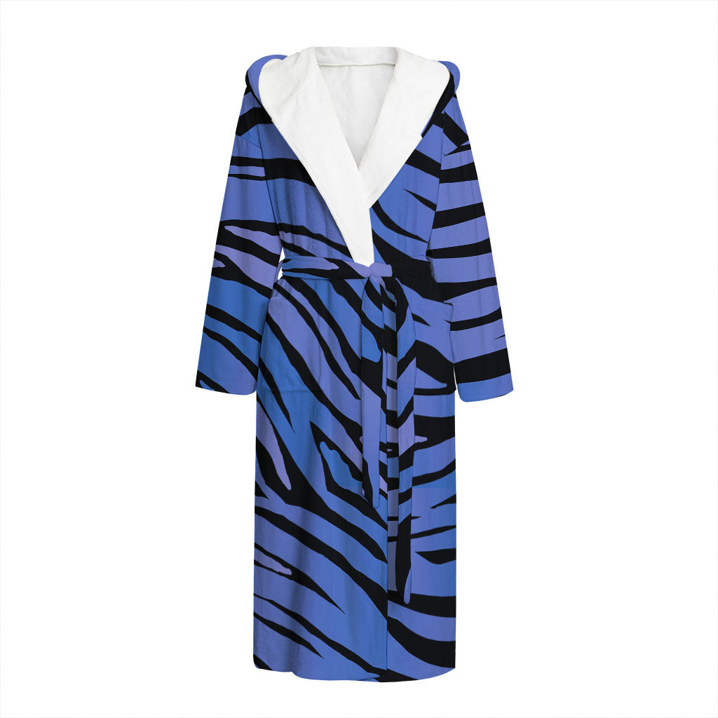 Black Blue Zebra Pattern Print Hooded Bathrobe