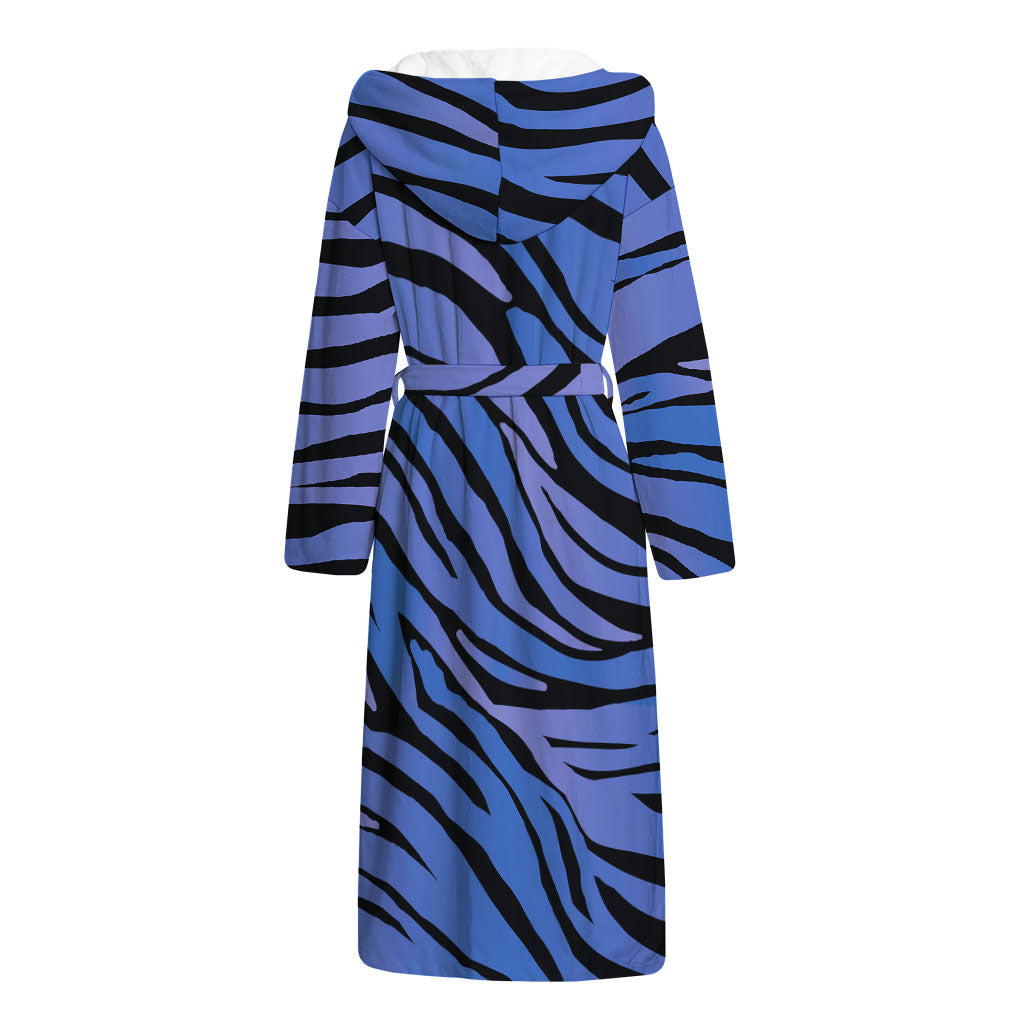 Black Blue Zebra Pattern Print Hooded Bathrobe