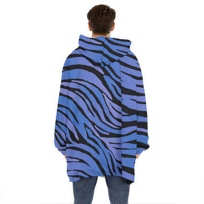 Black Blue Zebra Pattern Print Hoodie Blanket