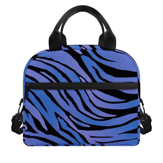 Black Blue Zebra Pattern Print Insulated Lunch Bag