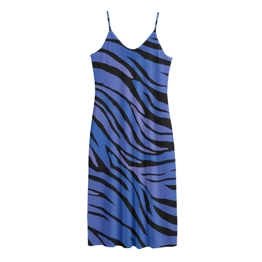 Black Blue Zebra Pattern Print Jersey Midi Cami Dress