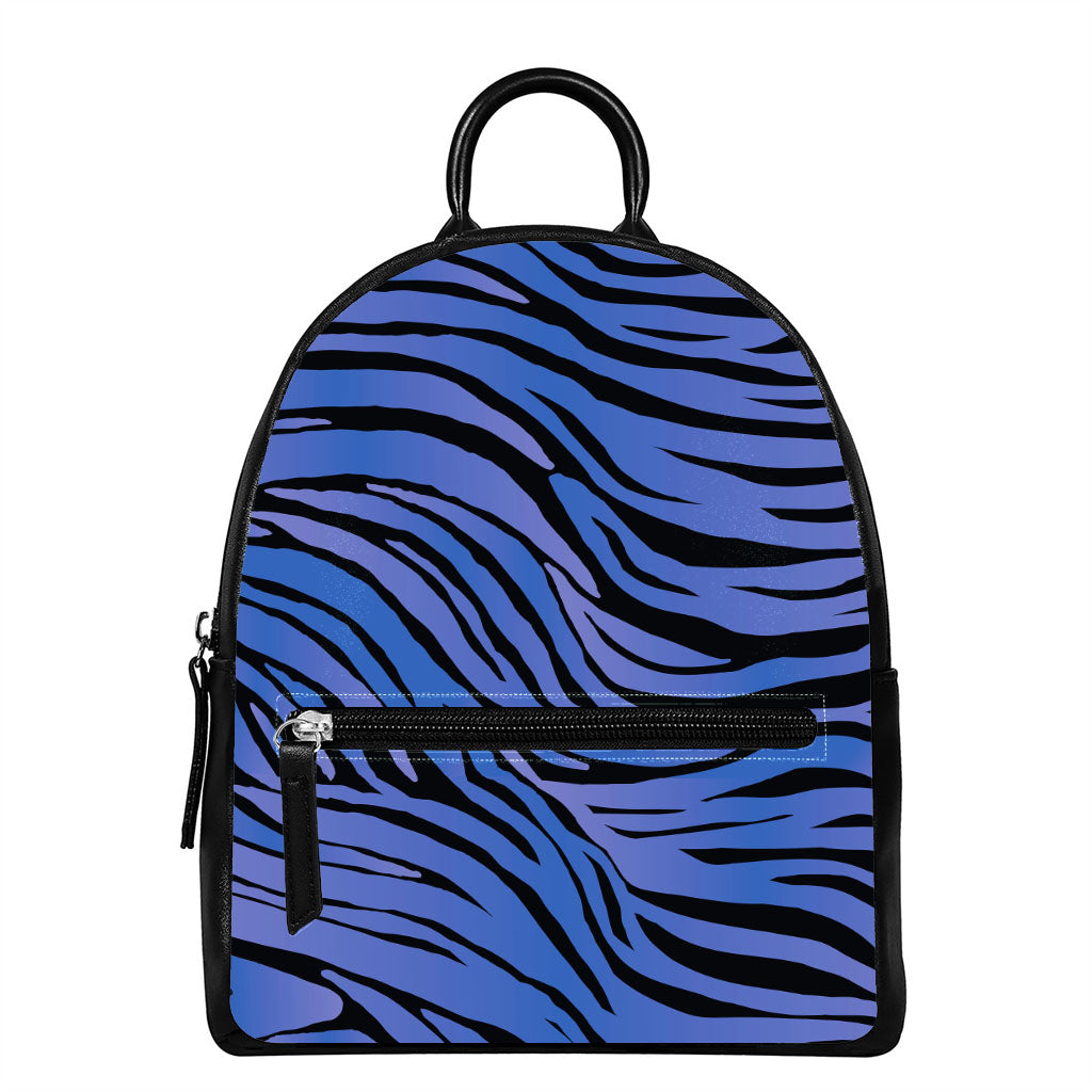 Black Blue Zebra Pattern Print Leather Backpack
