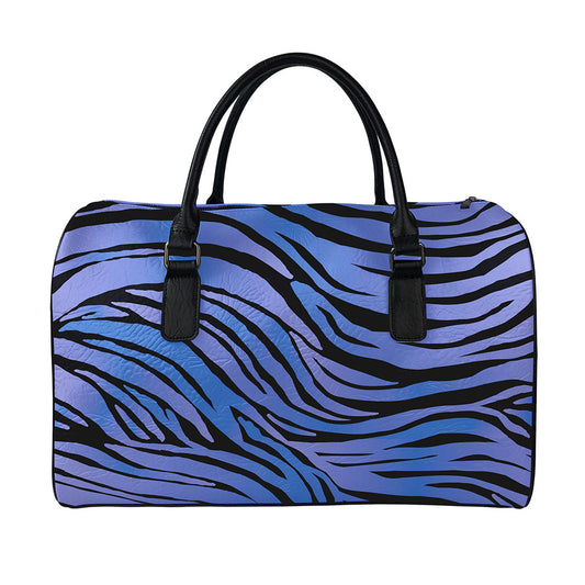Black Blue Zebra Pattern Print Leather Duffle Bag