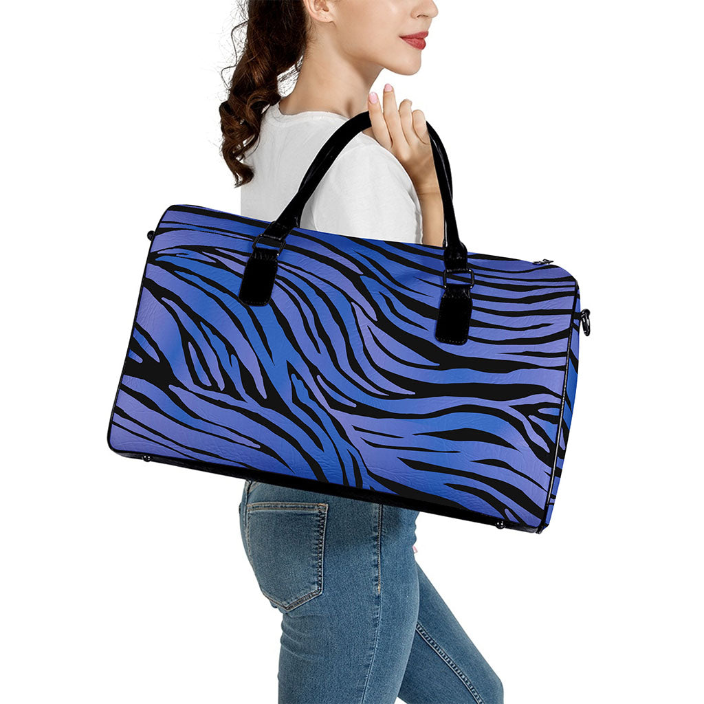 Black Blue Zebra Pattern Print Leather Duffle Bag