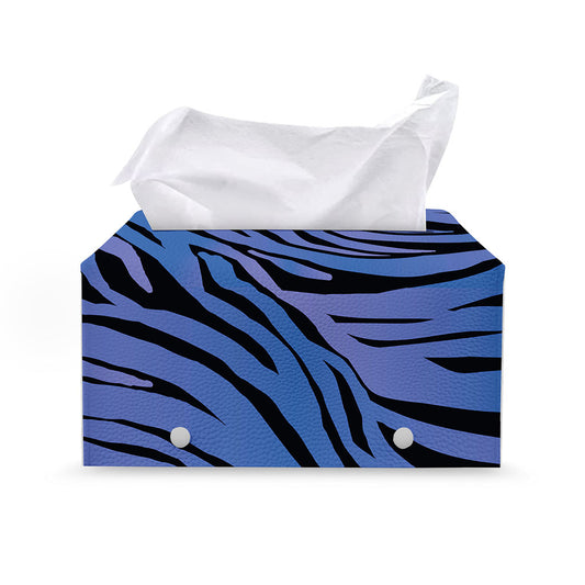 Black Blue Zebra Pattern Print Leather Tissue Box Cover