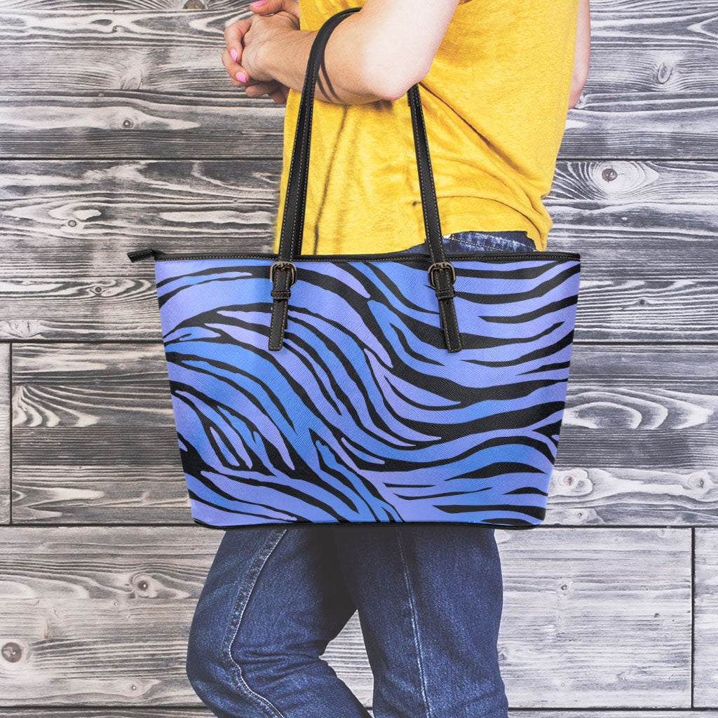 Black Blue Zebra Pattern Print Leather Tote Bag