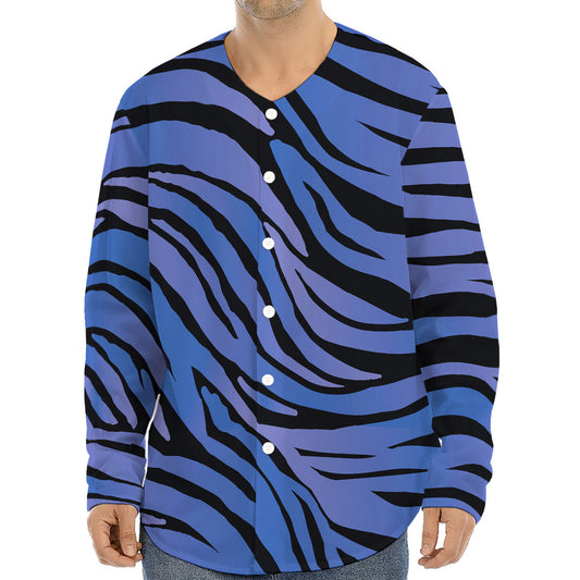 Black Blue Zebra Pattern Print Long Sleeve Baseball Jersey