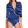 Black Blue Zebra Pattern Print Long Sleeve Swimsuit