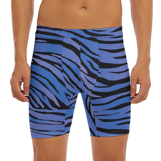 Black Blue Zebra Pattern Print Men's Long Boxer Briefs