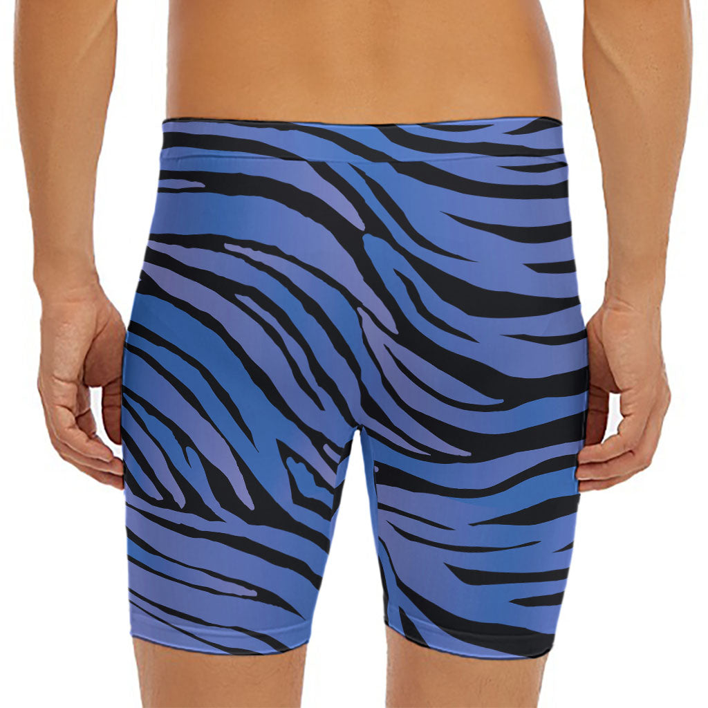 Black Blue Zebra Pattern Print Men's Long Boxer Briefs