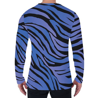 Black Blue Zebra Pattern Print Men's Long Sleeve T-Shirt