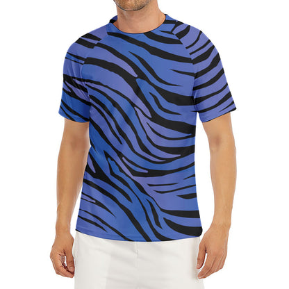 Black Blue Zebra Pattern Print Men's Short Sleeve Rash Guard