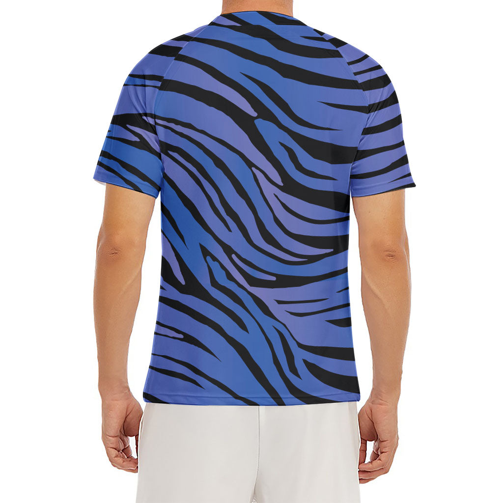 Black Blue Zebra Pattern Print Men's Short Sleeve Rash Guard
