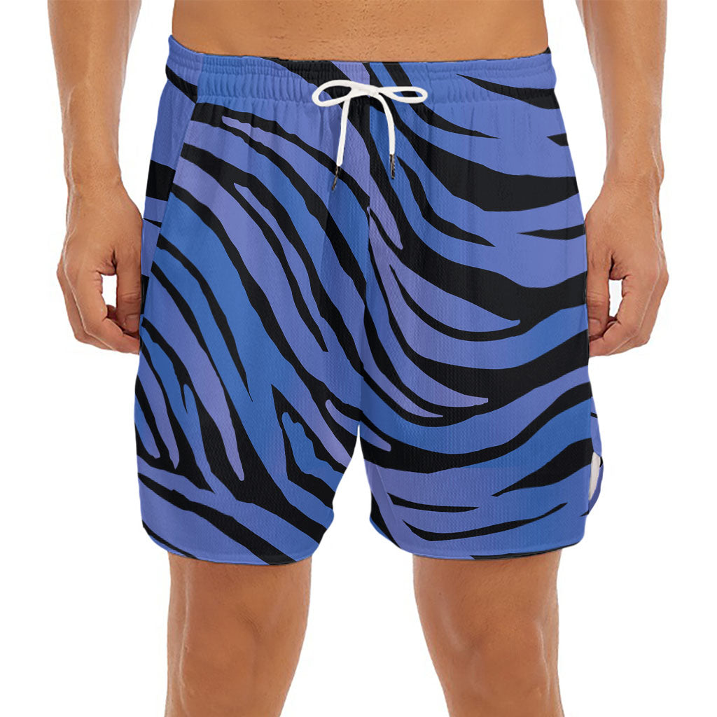 Black Blue Zebra Pattern Print Men's Split Running Shorts