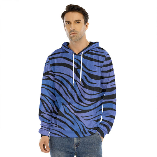 Black Blue Zebra Pattern Print Men's Velvet Pullover Hoodie