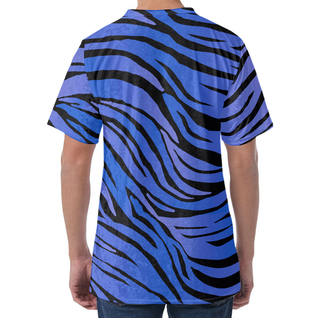 Black Blue Zebra Pattern Print Men's Velvet T-Shirt