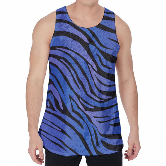 Black Blue Zebra Pattern Print Men's Velvet Tank Top