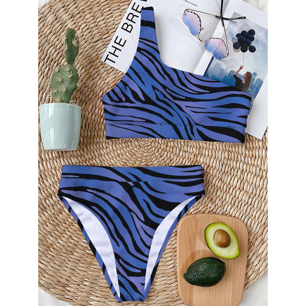 Black Blue Zebra Pattern Print One Shoulder Bikini Top