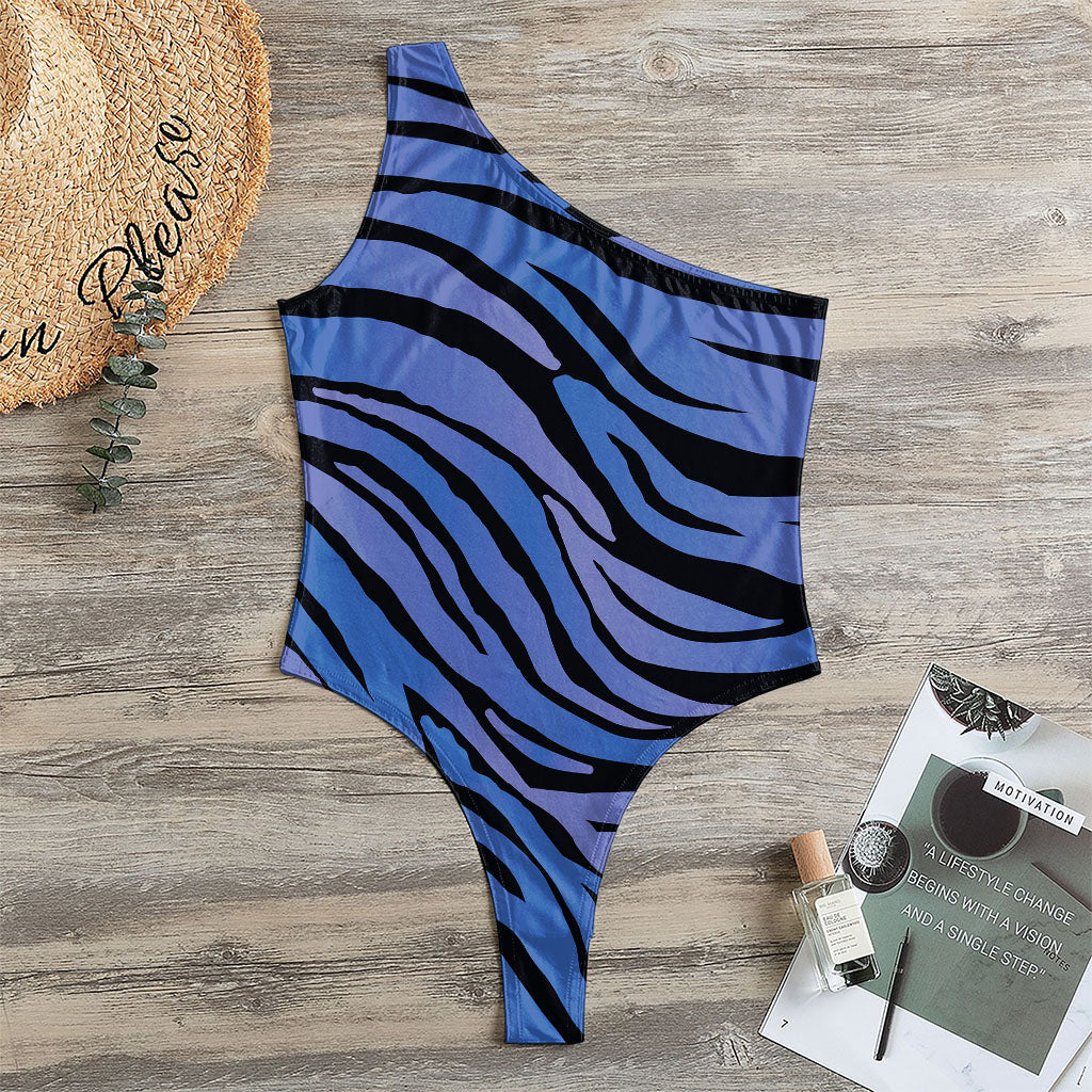 Black Blue Zebra Pattern Print One Shoulder Bodysuit
