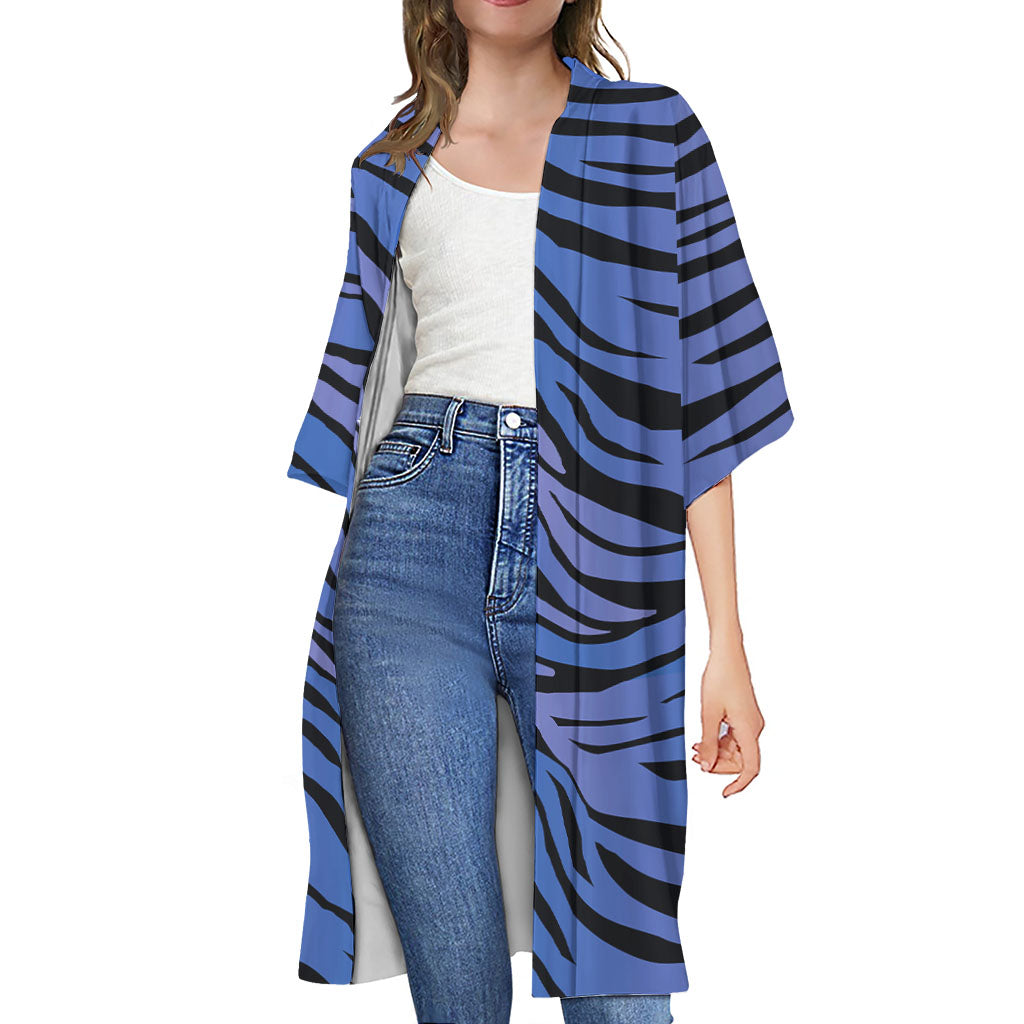 Black Blue Zebra Pattern Print Open Front Beach Cover Up