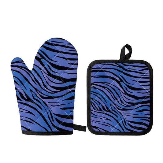 Black Blue Zebra Pattern Print Oven Mitt And Pot Holder Set