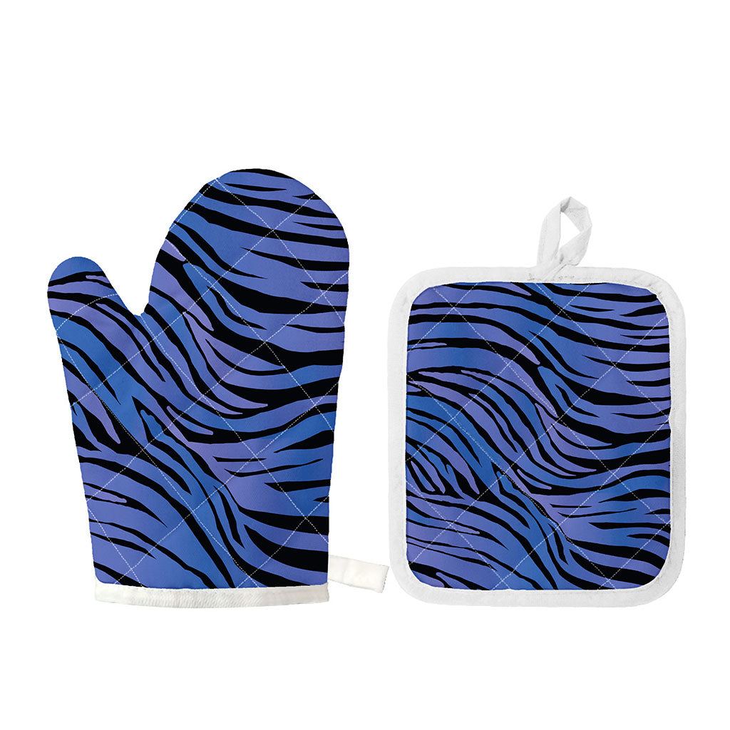 Black Blue Zebra Pattern Print Oven Mitt And Pot Holder Set