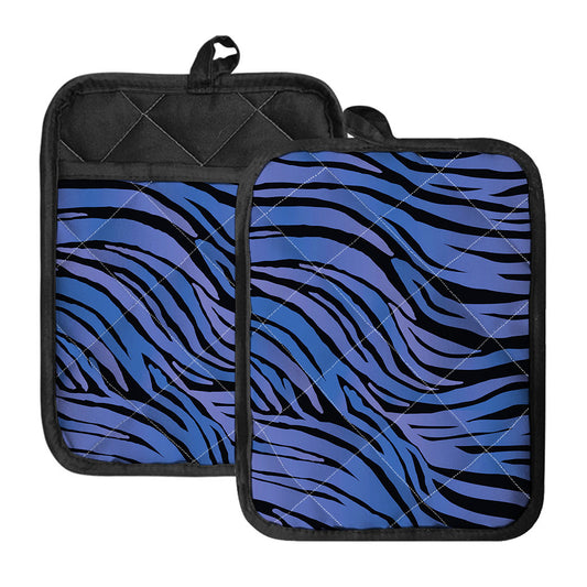 Black Blue Zebra Pattern Print Pot Holders With Pocket