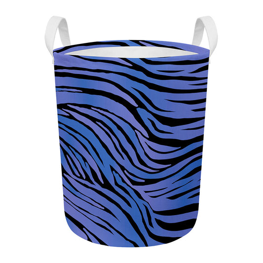 Black Blue Zebra Pattern Print Round Laundry Basket