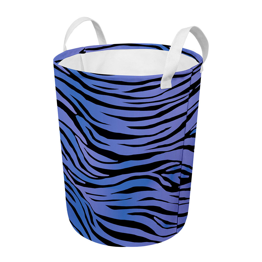 Black Blue Zebra Pattern Print Round Laundry Basket