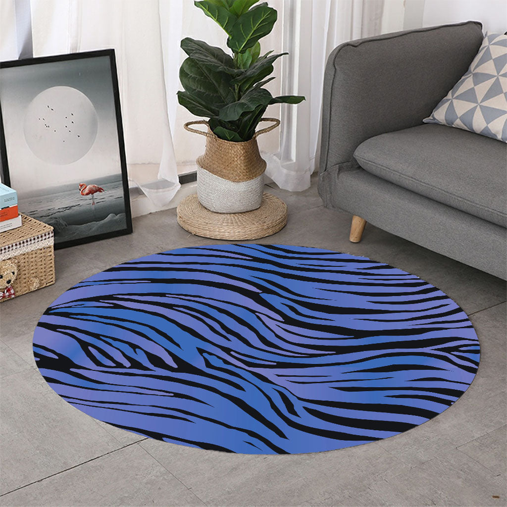 Black Blue Zebra Pattern Print Round Rug