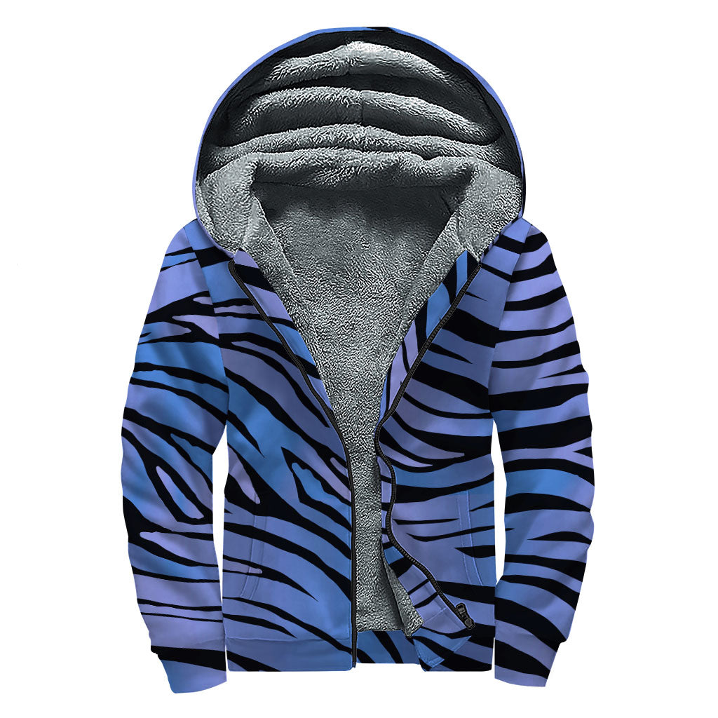 Black Blue Zebra Pattern Print Sherpa Lined Zip Up Hoodie