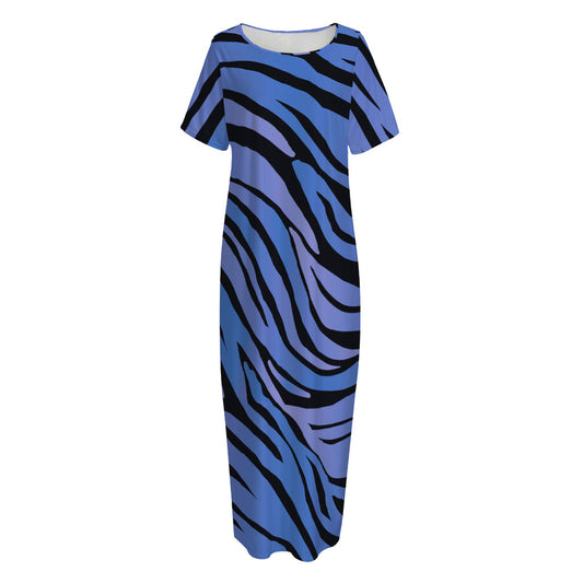 Black Blue Zebra Pattern Print Short Sleeve Long Nightdress