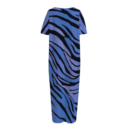Black Blue Zebra Pattern Print Short Sleeve Long Nightdress