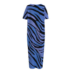 Black Blue Zebra Pattern Print Short Sleeve Long Nightdress