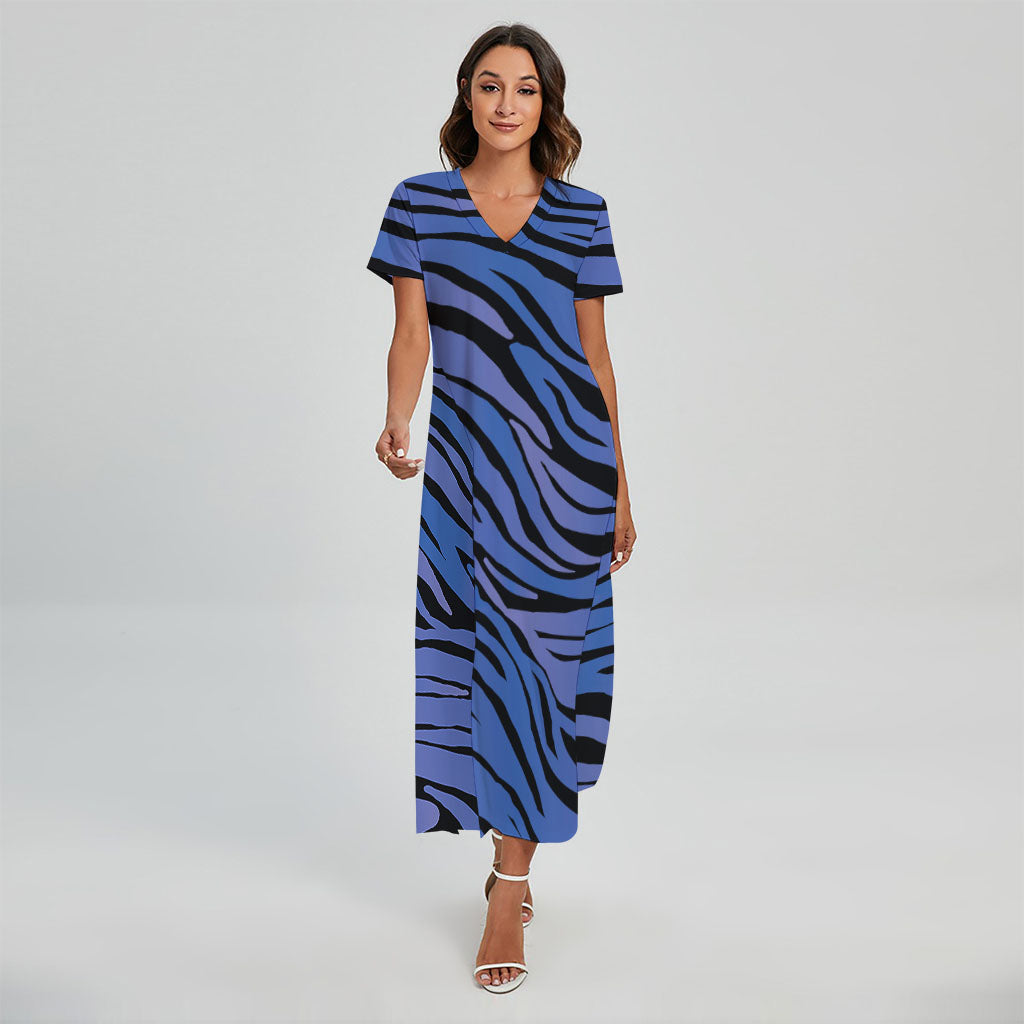 Black Blue Zebra Pattern Print Short Sleeve Maxi Dress