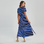 Black Blue Zebra Pattern Print Short Sleeve Maxi Dress