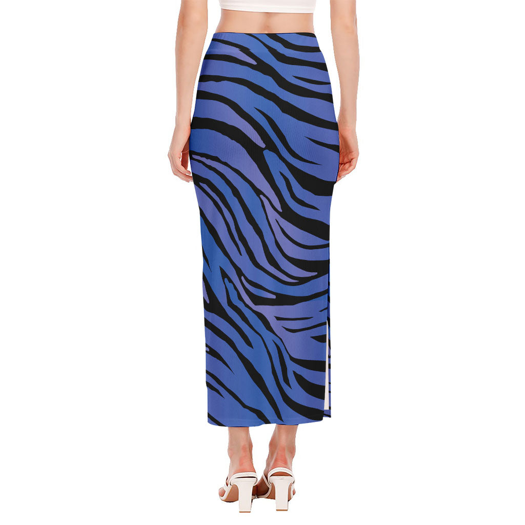 Black Blue Zebra Pattern Print Side Slit Maxi Skirt