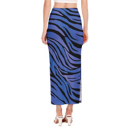 Black Blue Zebra Pattern Print Side Slit Maxi Skirt