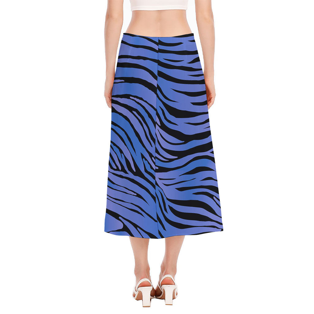 Black Blue Zebra Pattern Print Side Slit Midi Skirt