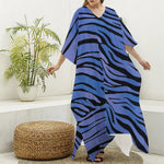 Black Blue Zebra Pattern Print Silk V-Neck Kaftan Dress