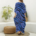 Black Blue Zebra Pattern Print Silk V-Neck Kaftan Dress