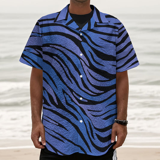 Black Blue Zebra Pattern Print Textured Short Sleeve Shirt